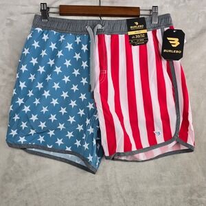 BURLEBO Men Swim Trunks hybrid Small USA American Flag Print Built In Liner NEW
